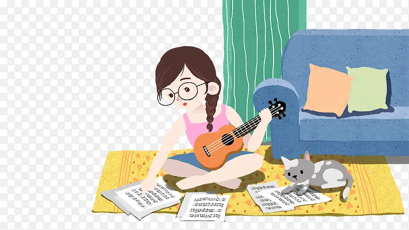 免抠卡通手绘弹吉他写歌曲的女孩