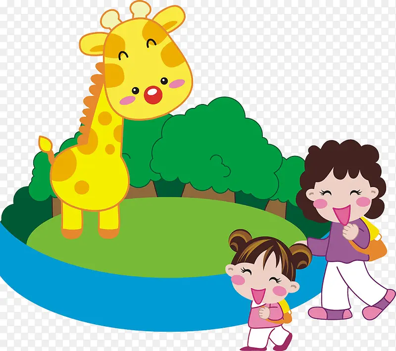 手绘母女看动物场景图