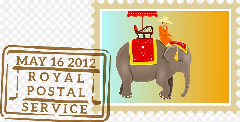 卡通泰国大象旅行邮票插画