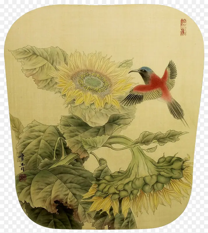 手绘扇面鸟和向日葵