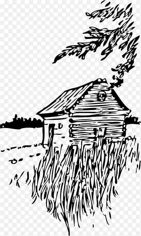 黑白线条手绘小茅屋