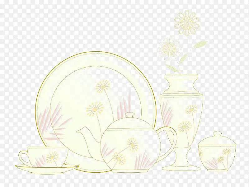 浅色的茶具和一瓶鲜花