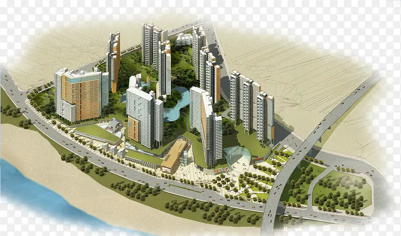 手绘城市立体鸟瞰图