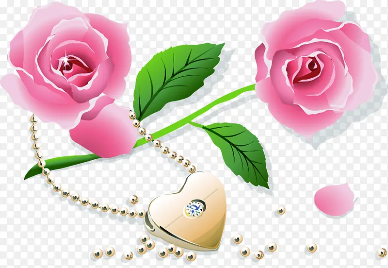 卡通粉色玫瑰钻石爱心项链