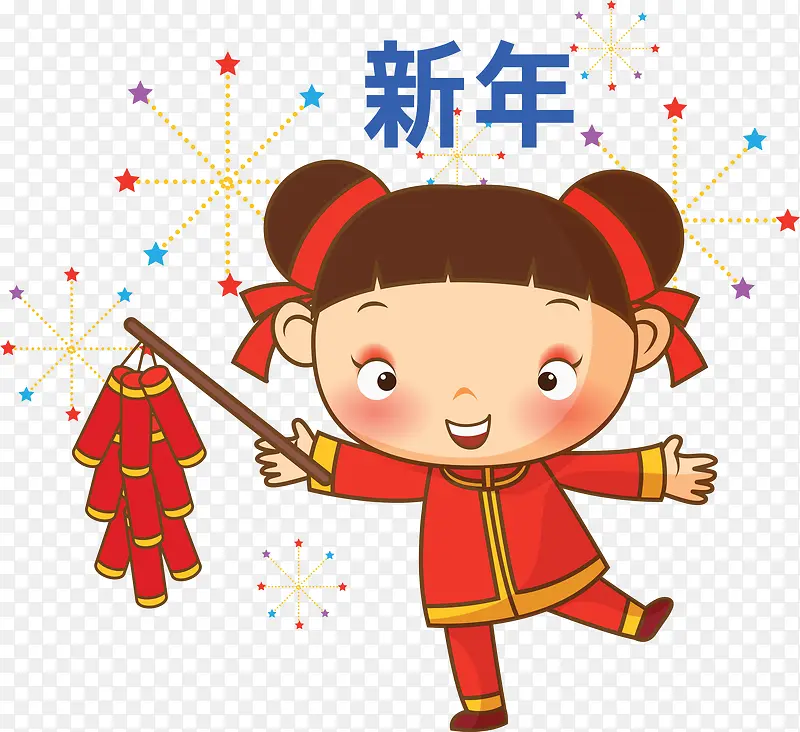 卡通拿着鞭炮的女孩免抠图