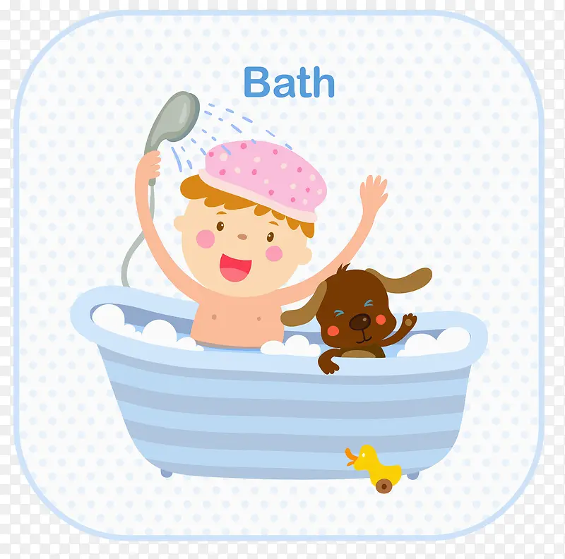 小孩和小狗一起洗澡