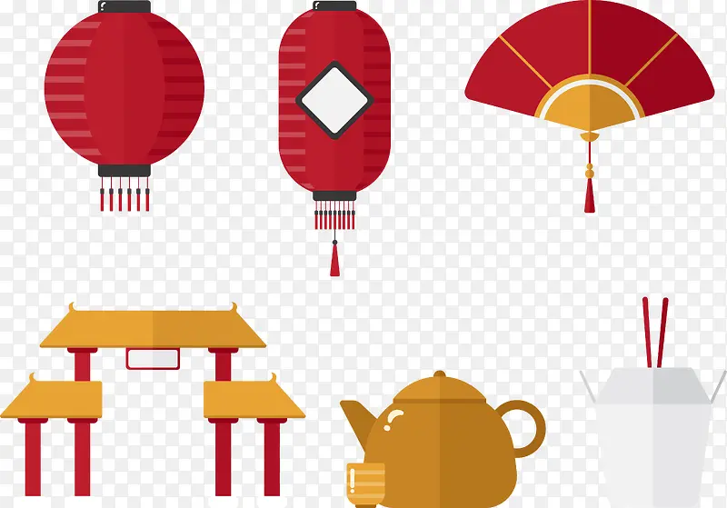 中国标志符号灯笼扇子茶壶