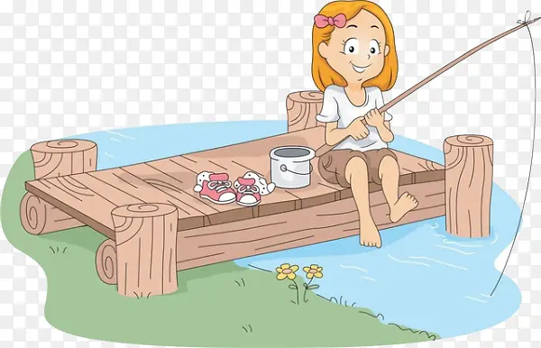 卡通女孩钓鱼素材