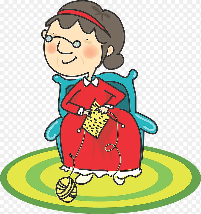 手绘织围巾的红衣老婆婆免抠