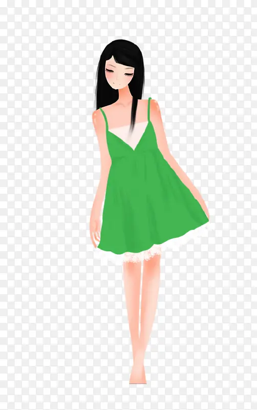 绿色裙子少女插画免抠