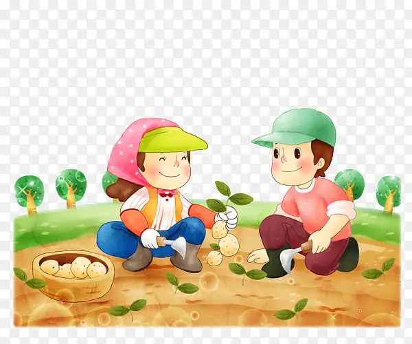 男孩女孩在田里挖土豆