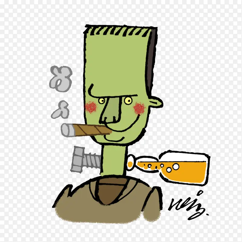 卡通机器人抽雪茄插画免抠