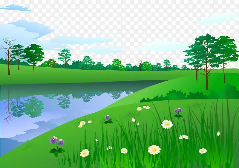 卡通手绘河边草地上树木花朵