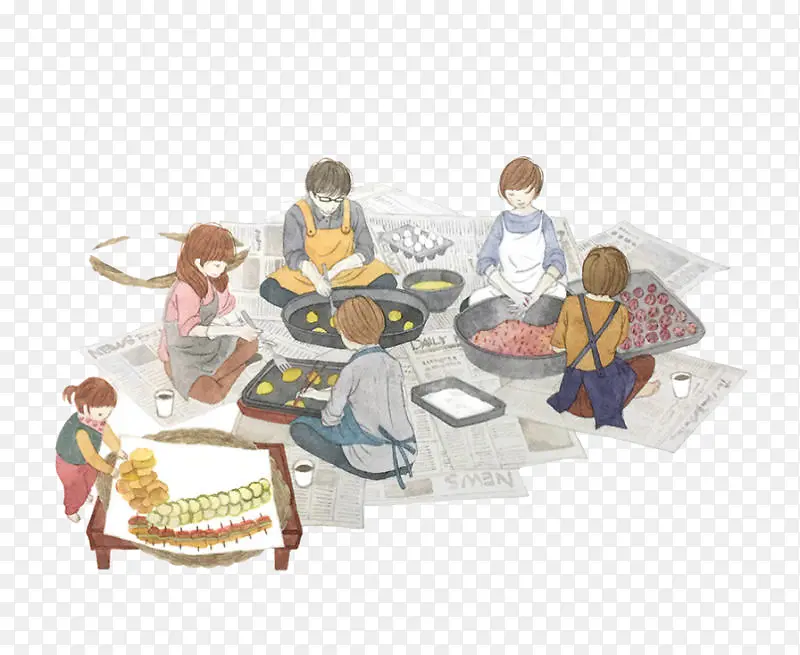 正在做饭的一家人
