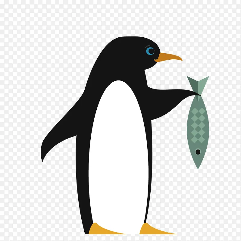 可爱卡通拿着鱼的企鹅矢量图