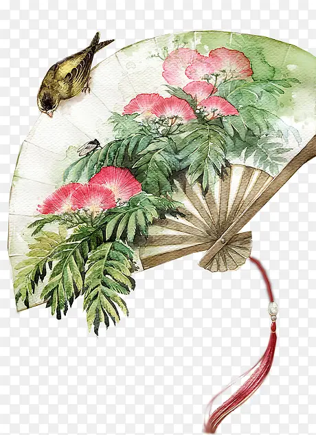 高清彩绘风格花卉扇子喜鹊
