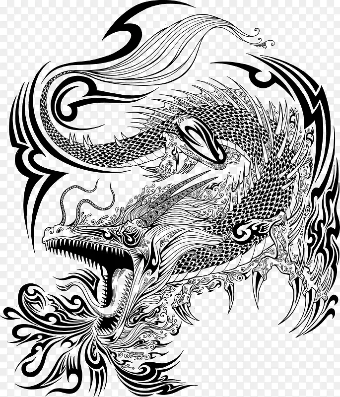 精致的龙手绘线描矢量图