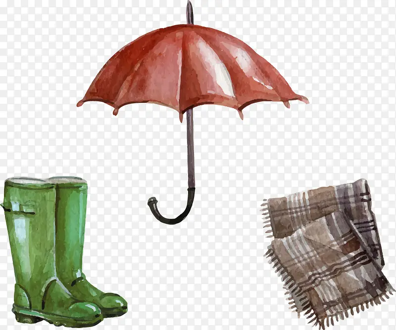 矢量手绘雨伞雨靴和围巾毯子