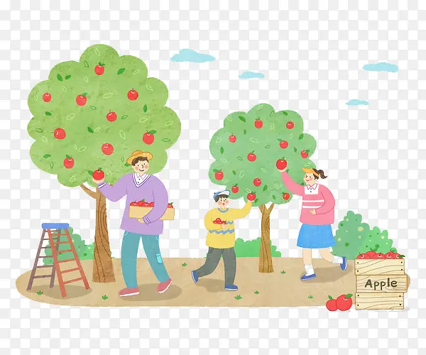 幸福的一家人在果园采摘苹果