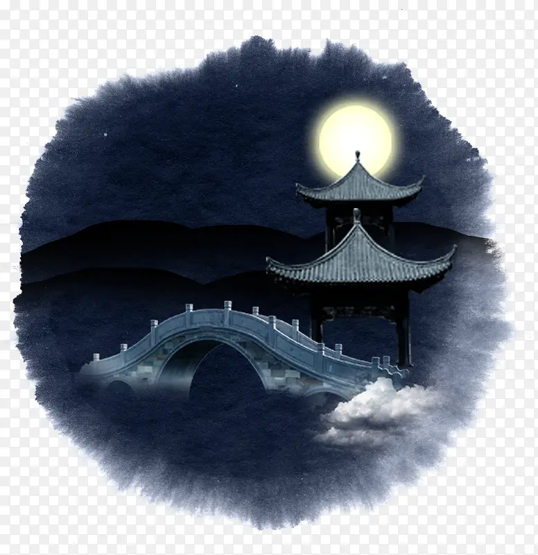 月夜中拱桥亭子远山风景水墨插图