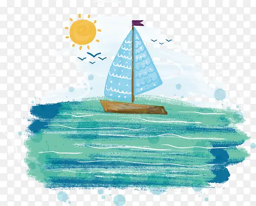 蓝色纹理创意帆船航行卡通插画