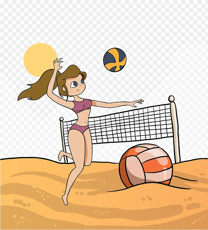 免抠卡通手绘在沙滩上打排球的女