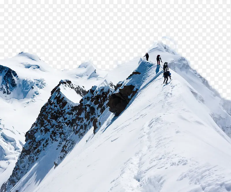 在巍峨的雪山上攀登的登山队