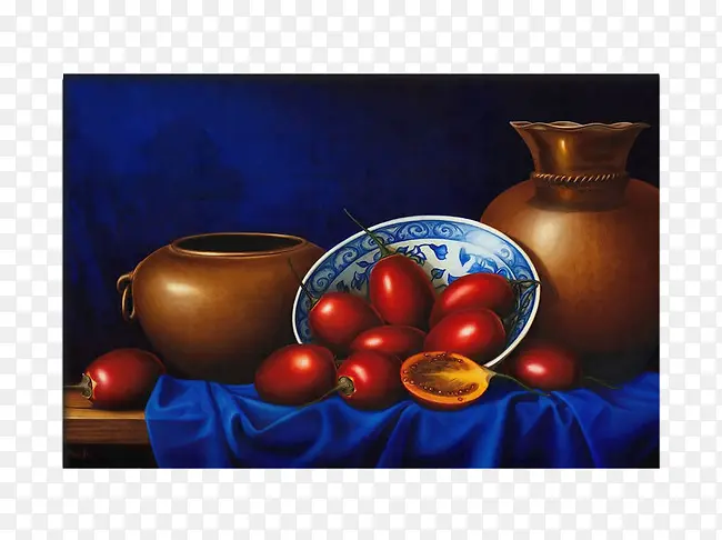 水果与陶瓷的油画