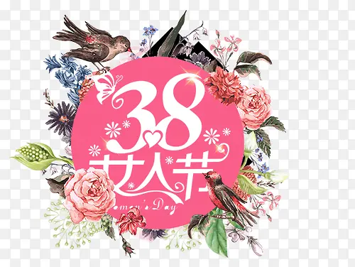 红色花朵植物38女人节促销标签
