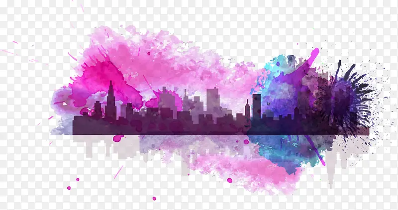 紫色水彩泼墨城市