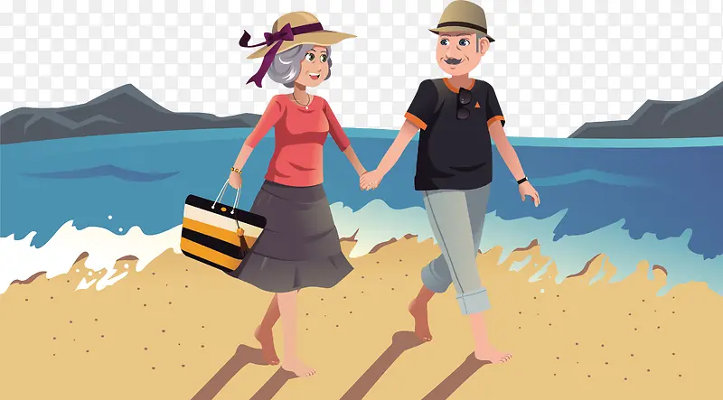 一对老夫妻沙滩散步