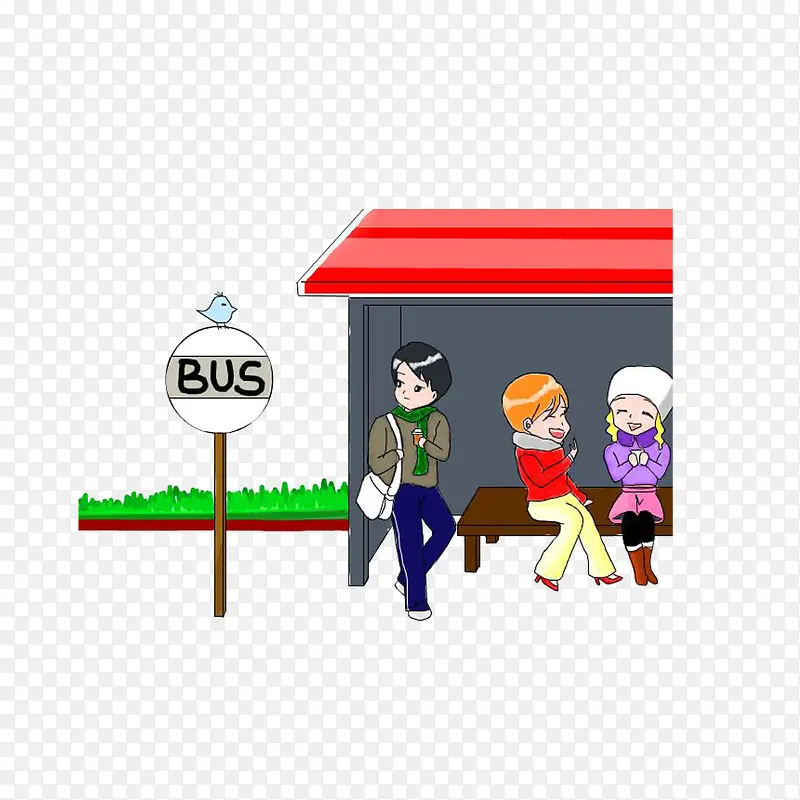 在公交站台等车的男孩女孩