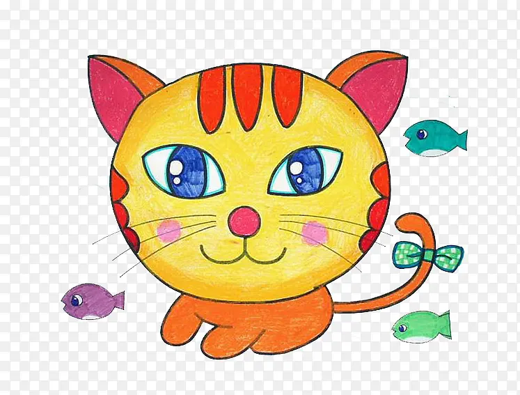 卡通手绘猫咪和小鱼