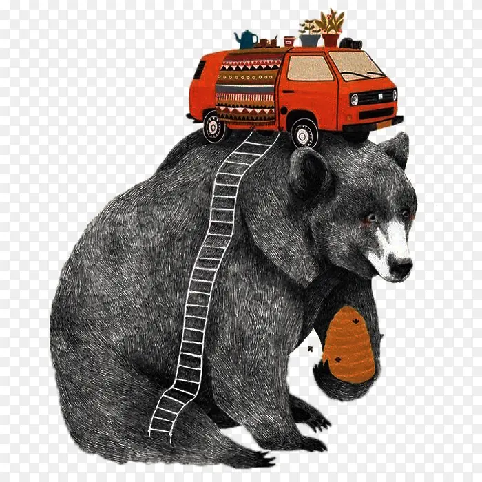 手绘森系背着汽车的大黑熊