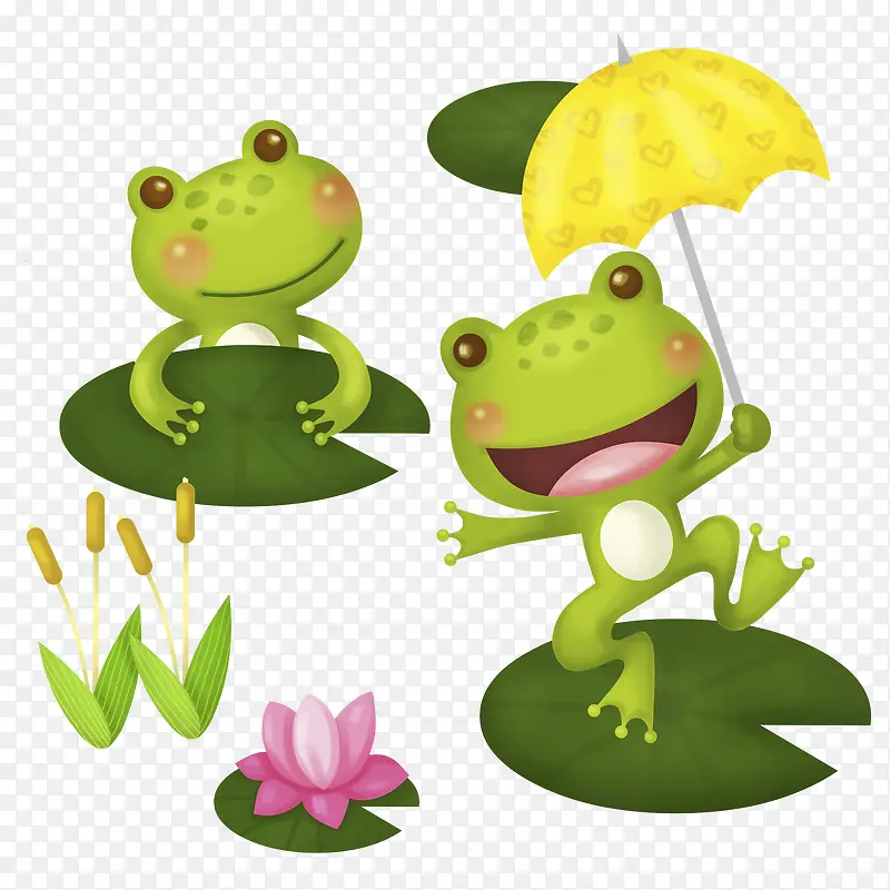 卡通荷叶上撑伞青蛙