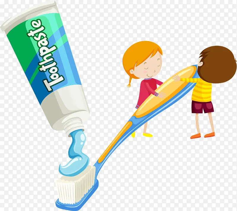 卡通男孩女孩挤牙膏插图矢量图