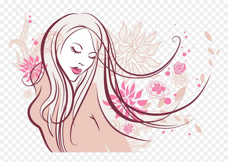 手绘美女侧影矢量图案