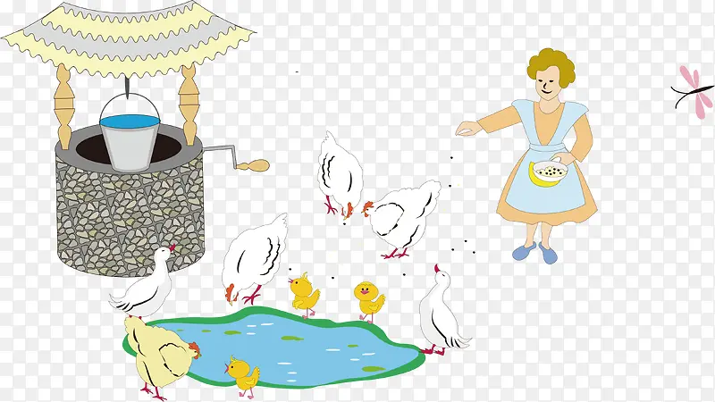 卡通喂鸡的女人水井
