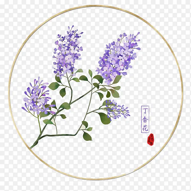 手绘圆形唯美中国风丁香花插图免