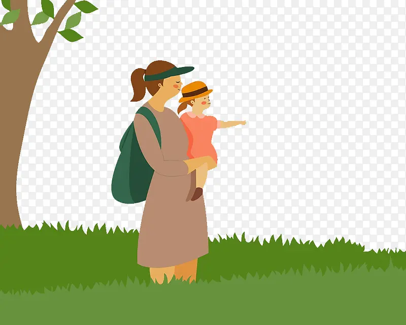 妈妈抱着孩子站在草坪上