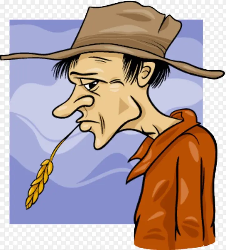 戴帽子叼稻谷的大鼻子农民