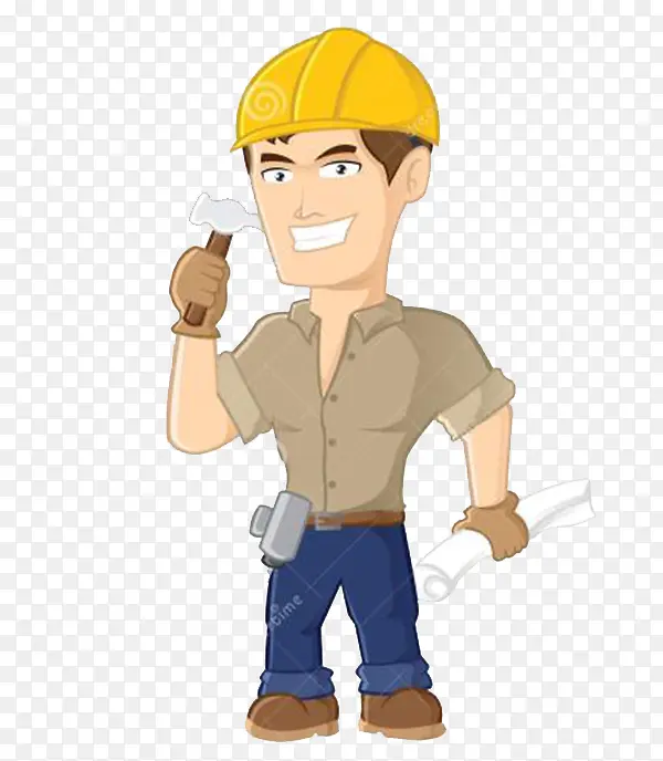 拿铁锤带黄色安全帽的装修工人