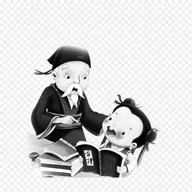 卡通看古诗的古代小孩黑白画素材PNG图片素材下载_图片编号yxxgamjy-免抠素材网