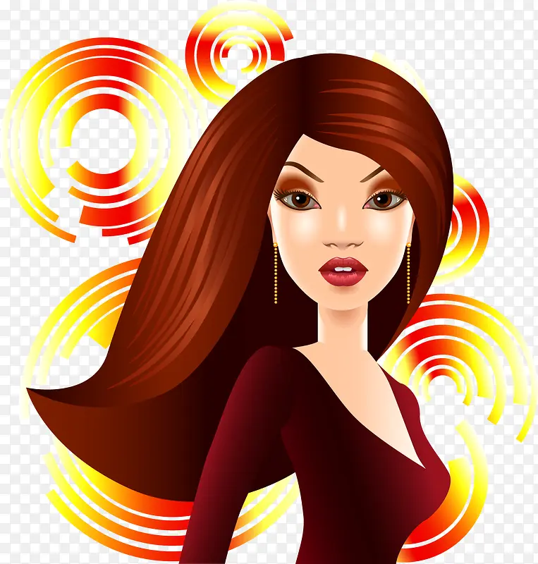 紫衣棕发美女和花纹矢量图
