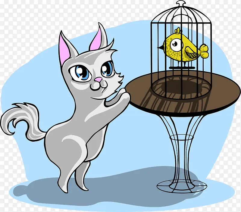 猫和笼子里的鸟矢量图