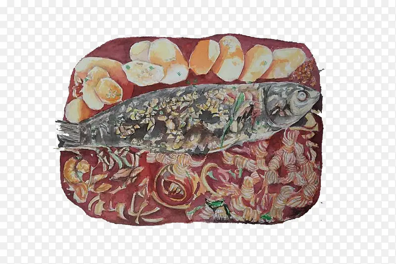 手绘素描风格纸上烤鱼图案