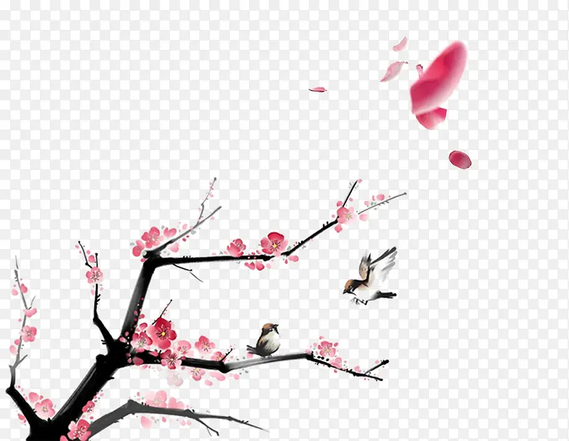 水墨桃花飞翔的麻雀