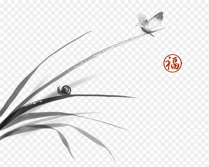 中国风水墨君子兰蝴蝶蜗牛