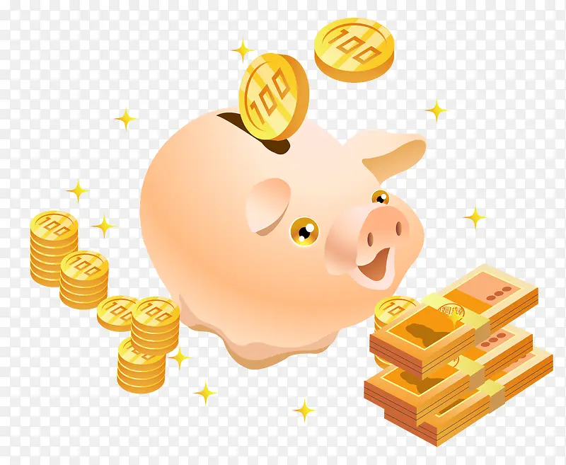 卡通手绘小猪存钱罐和金币