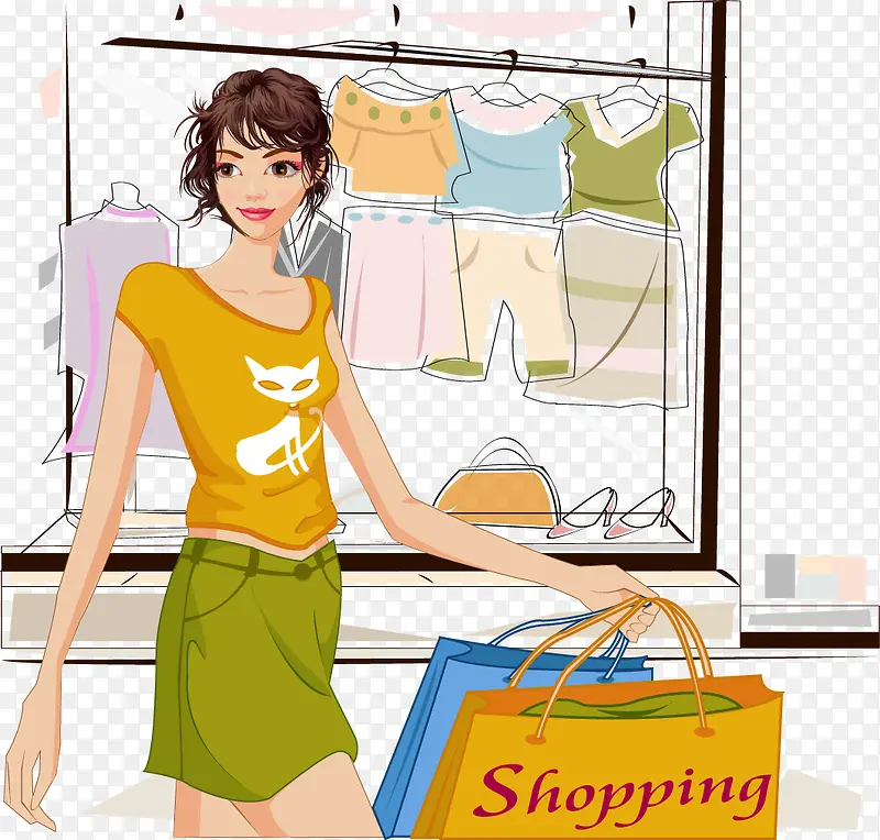 黄色短衣少女买衣服矢量插画